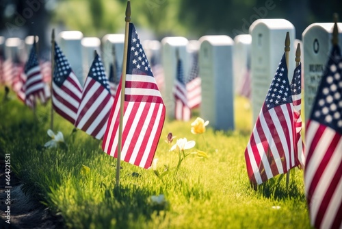 Military Headstones and Gravestones Decorated With Flags for Memorial Day.