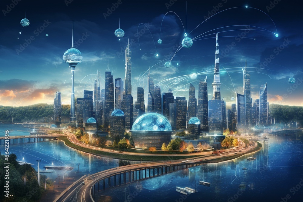 Imaginative depiction of a smart digital city with a global network connection. Represents the concept of a future 5G wireless city and social media networking systems. Generative AI