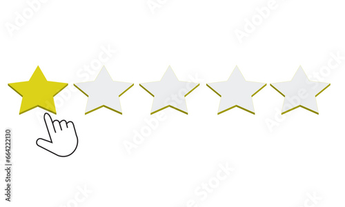 One star rating vector illustration. Finger clicking on one star rating. Negative review landing page template. 