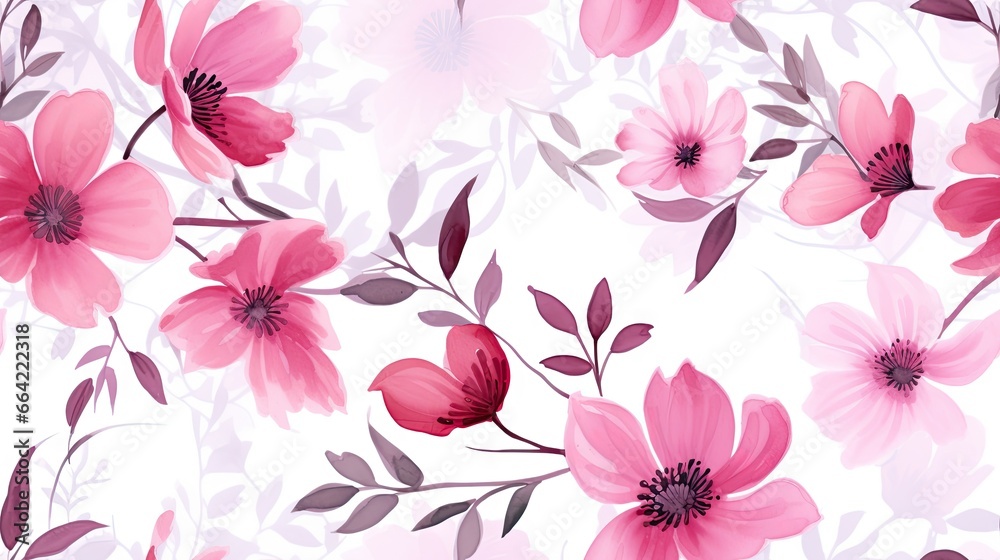  a pink flower pattern with leaves and flowers on a white background.  generative ai