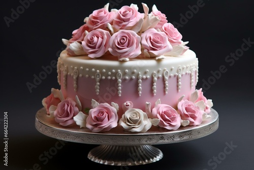 A cake adorned with delicate roses in pink and white hues. Generative AI