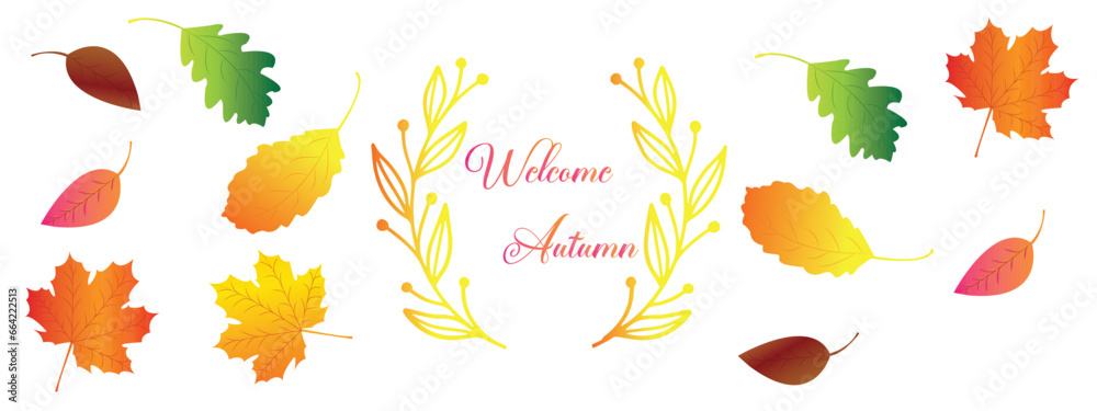 Welcome Autumn. Autumnal greeting card with leaves, acorns and berries.