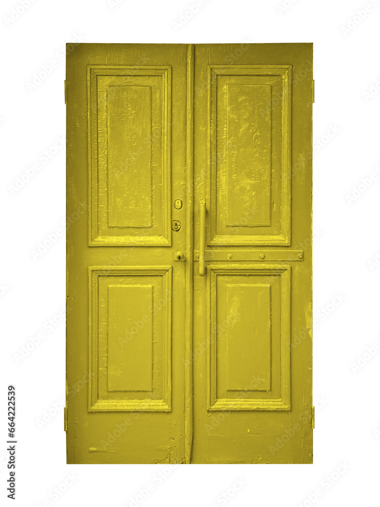 Old shabby yellow textured wooden doors is isolated on transparent background. Old shabby yellow textured wooden doors is isolated on transparent background.