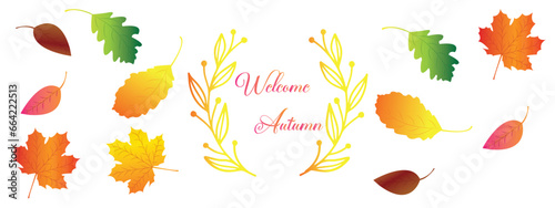 Welcome Autumn. Autumnal greeting card with leaves, acorns and berries.