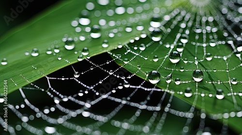  a close up of a green leaf with drops of water on it.  generative ai © Olga