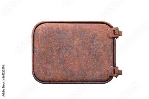 Rusty closed hatch is isolated on transparent background.