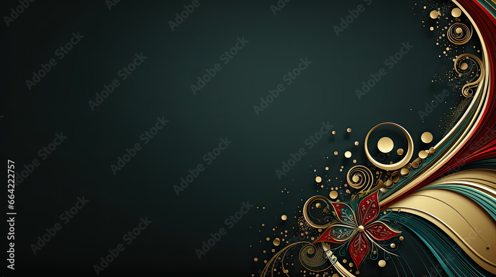 Elegance Christmas Green, Red and Gold Background with Flower Glitter Ornaments - Ideal for Festive Decorating Baubles with Ample Copy Space, Sophisticated Holiday New Year Xmas Decor Elegance Christmas Green, Red and Gold Background with Flower Glitter Ornaments - Ideal for Festive Decorating Baubles with Ample Copy Space, Sophisticated Holiday New Year Xmas Decor