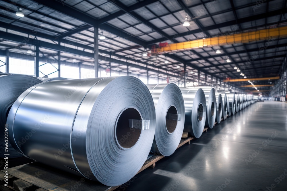 Rolls of stainless steel sheets in the factory, in a warehouse. Rolls of stainless steel sheets in the factory, in a warehouse.