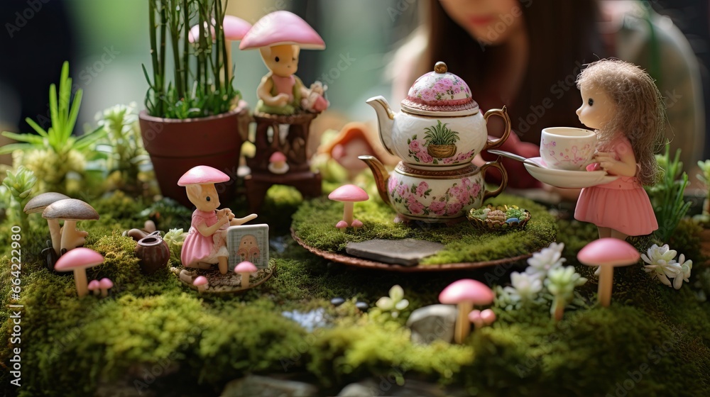  a little girl is sitting in a garden with a tea set.  generative ai