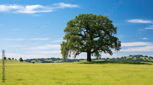  a large tree in a grassy field with a blue sky in the background.  generative ai