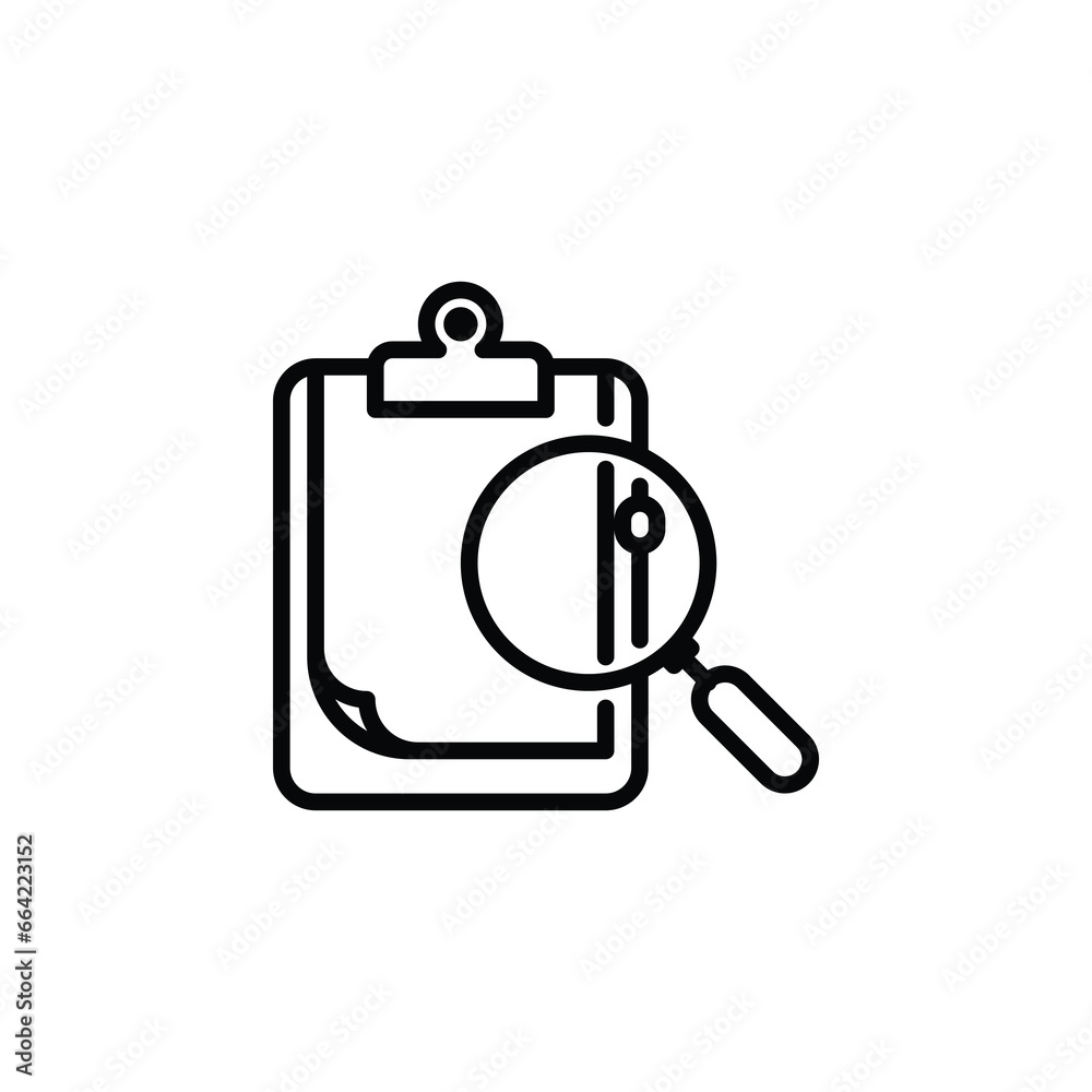Magnifying glass with a clipboard outline icon. Vector illustration. The isolated icon suits the web, infographics, interfaces, and apps. Magnifying glass with a clipboard outline icon. Vector illustration. The isolated icon suits the web, infographics, interfaces, and apps.