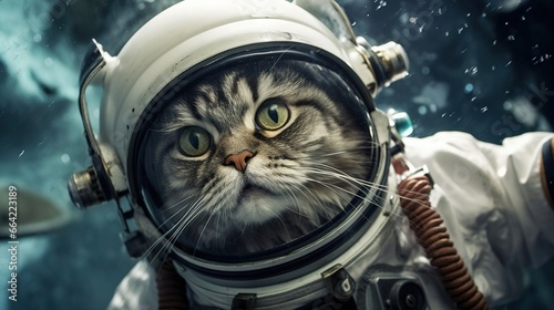 Cool looking cat in a spacesuit, closeup view of a cat. Created with Generative Ai technology.