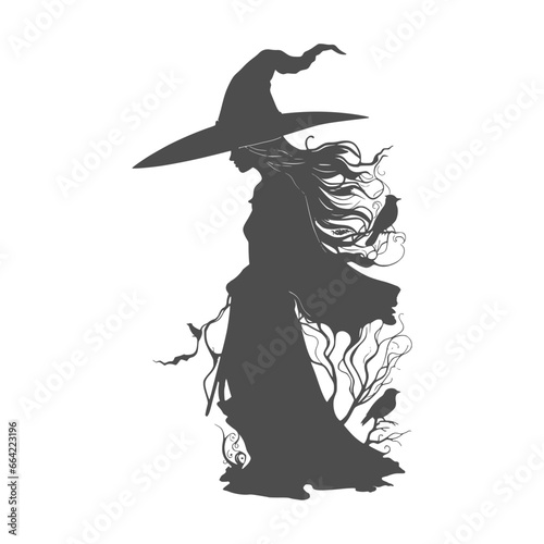 Walking young cute witch girl ketchbook cartoon style illustration. Long curly hair. Halloween relative character silhouette