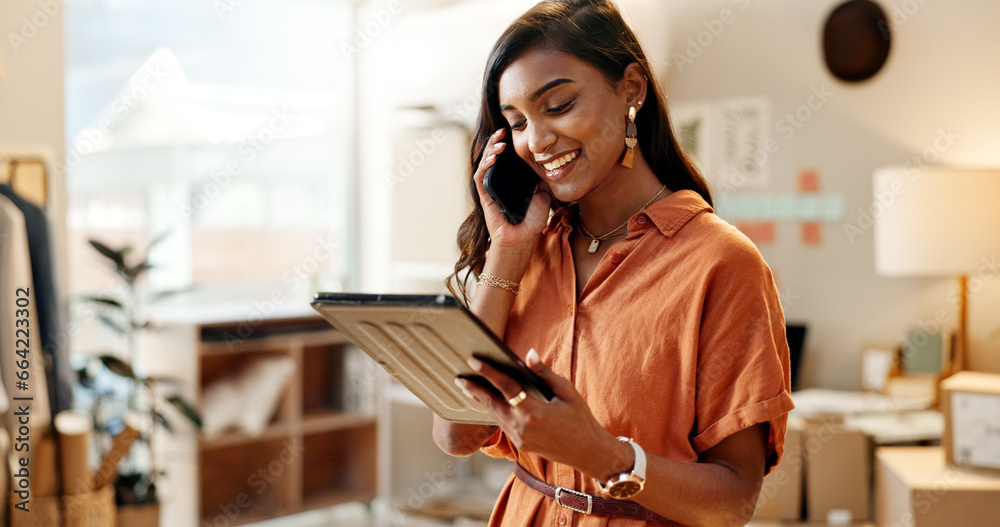 Happy woman, tablet and phone call in logistics or small business for supply chain or communication at retail store. Female person or employee talking on mobile smartphone with technology for order - obrazy, fototapety, plakaty 