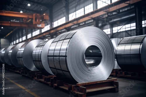 Rolls of carbon steel sheets in the factory, in a warehouse.