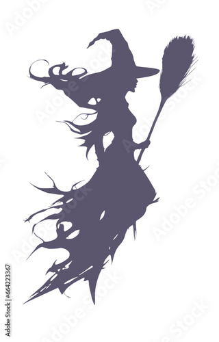 Flying young cute witch girl with broomstick sketchbook cartoon style illustration. Long curly hair. Halloween relative character silhouette