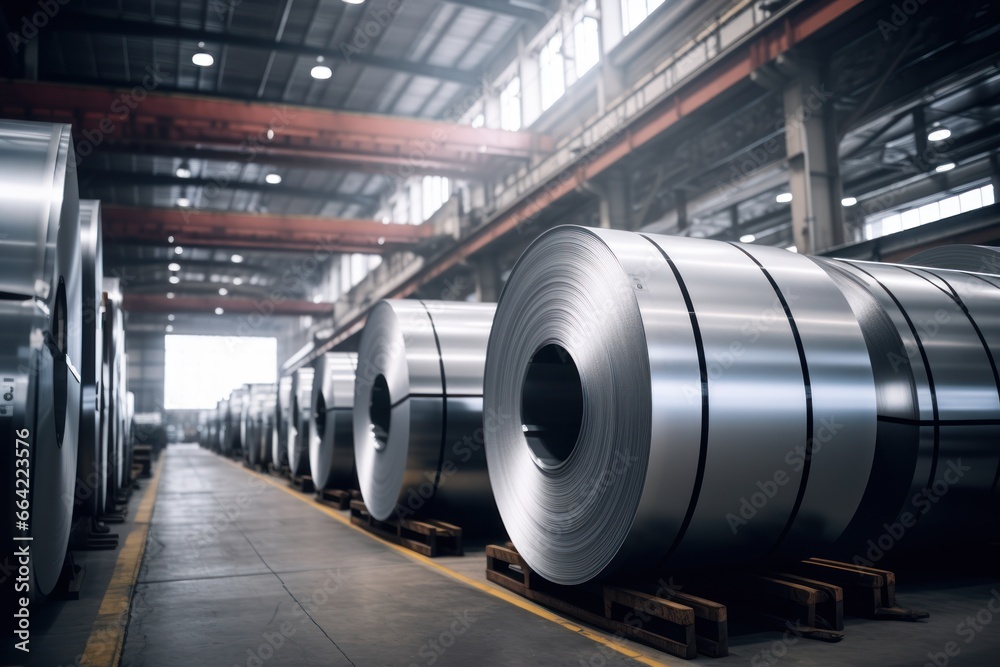 Rolls of carbon steel sheets in the factory, in a warehouse.