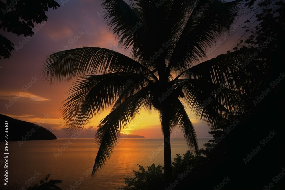 Tropical island getaway: palm tree silhouetted against lush greenery. Generative AI