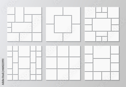 Moodboard grid collection. Photo collage template set. Scrapbook layout. Mosaic picture frame. Mood board background. Gallery banner. Album brandboard. Portfolio images. Vector illustration