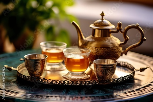 Traditional Moroccan tea set with decorative teapots, glasses, and mint leaves. © Ahasanara