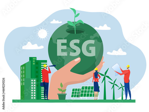 ESG concept of environmental, social and governance people share  the planet Earth gear  with ecology problem ESG  renewable, green, safe green eco energy environmental vector