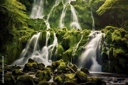 Waterfall landscape with rocks covered in green moss. © Ahasanara