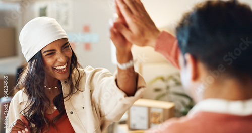 Happy people, high five and teamwork in success, logistics or small business together at boutique. Man and woman touching hands in celebration for achievement, winning or team promotion at store