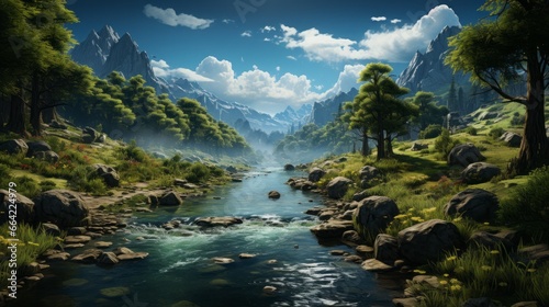 Tranquil Escapes: Captivating Sceneries of Majestic Rivers, Mountains and Waterfalls Amidst Serene Valleys and Lush Green Forests, generative AI