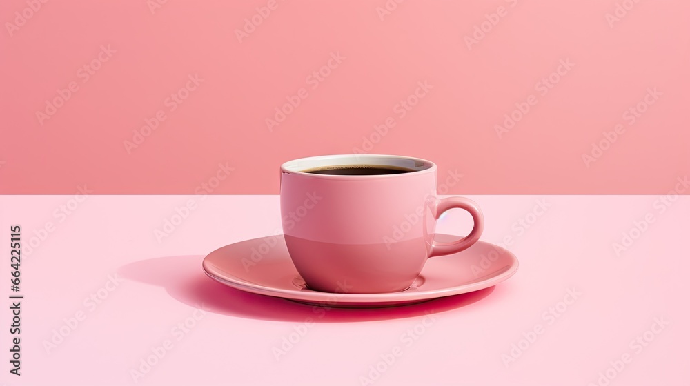 a pink coffee cup and saucer on a pink background. generative ai a pink coffee cup and saucer on a pink background. generative ai