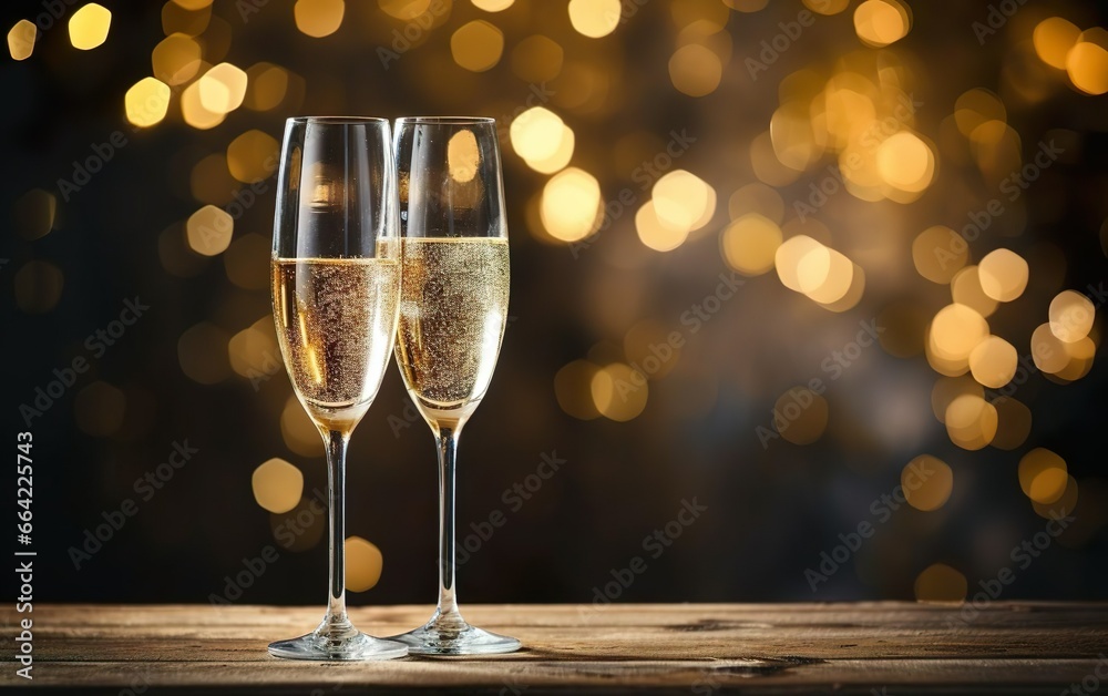 Two glasses of champagne on the wooden surface with warm gold bokeh at the background, New Years Eve party concept. Copy space at the right Two glasses of champagne on the wooden surface with warm gold bokeh at the background, New Years Eve party concept. Copy space at the right