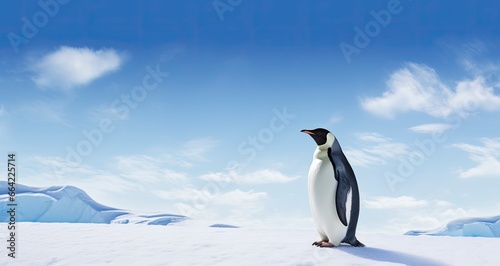 Penguin standing in Antarctica looking into the blue sky.