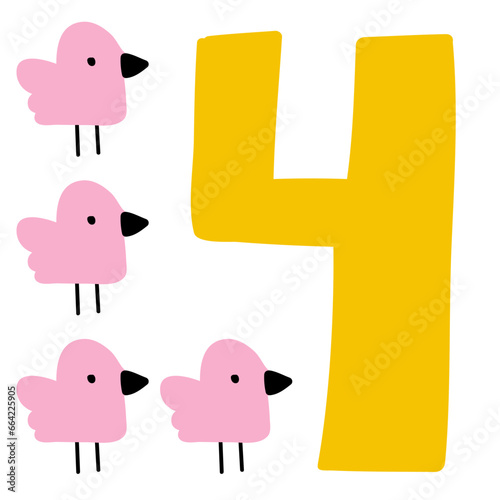 Number 4. Four little birds. Count. Study for kids. Vector illustration on white background.