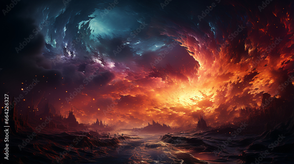 Fototapeta premium The largest colored super 3d tornado, a whirlwind in a residential area generative ai