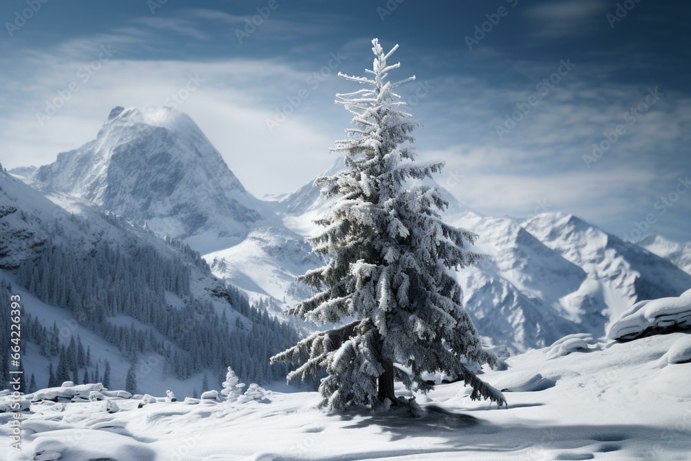 Snowy Christmas alpine tree. Generative AI