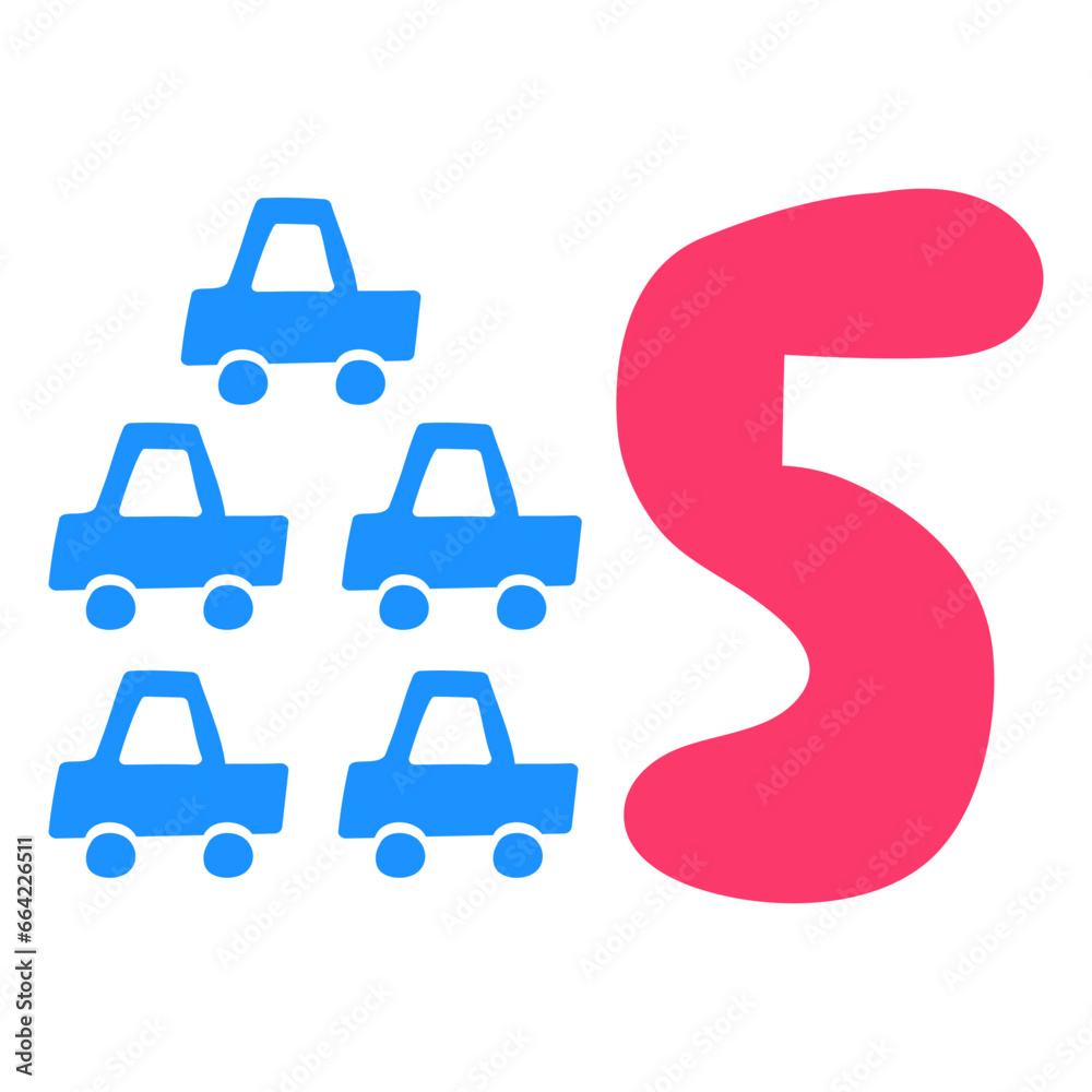 Fototapeta premium Education for kids. Number 5. Little cars. Hand drawn vector illustration on white background.