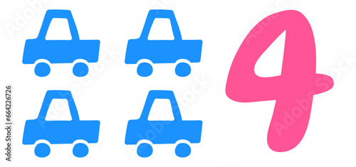 Number 4. Four cars. Counting. Study for kids. Vector illustration on white background.