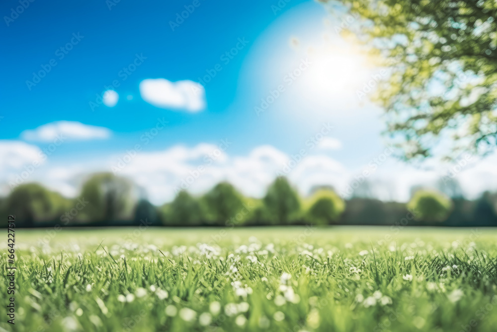 Beautiful blurred background image of spring nature with sunny sky. Green nature and blue skies.
