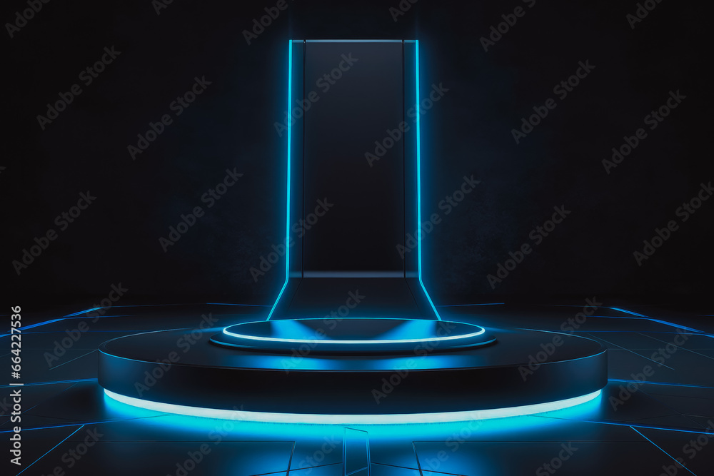 Beautiful modern futuristic podium with integrated light. Blue light podium. - obrazy, fototapety, plakaty 