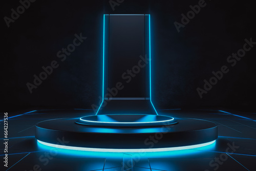 Beautiful modern futuristic podium with integrated light. Blue light podium.