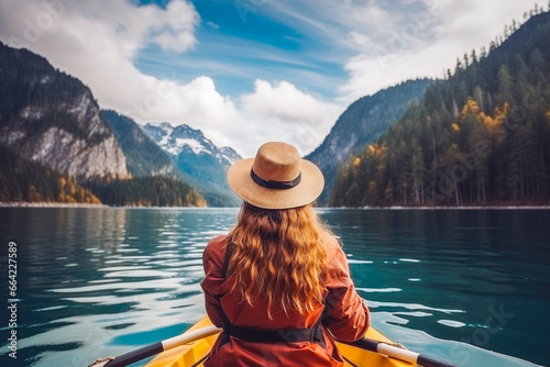 Beautiful woman on a kayak on a big lake with big mountains in background. Back view of woman on kayak. © Katrin Kovac