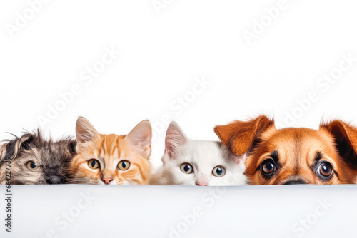 Cats and dogs peeking over white edge. Web banner. Cute pets. White background.