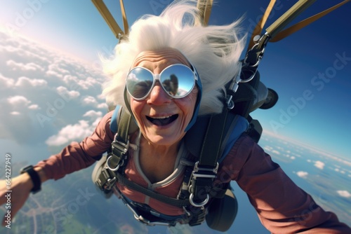 An old lady with a parachute. Grandma is flying in the sky with a parachute. The extreme of an elderly woman. photo
