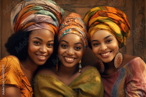 Three Women with Beautiful Smiles and Colorful Headscarves. Fictional characters created by Generated AI.