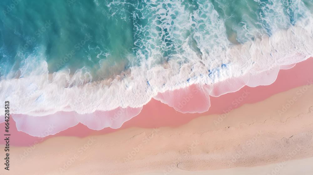 pink ocean waves. Beautiful sandy beach with pink sea background. advertisement, banner, card. for template, presentation. copy text space.