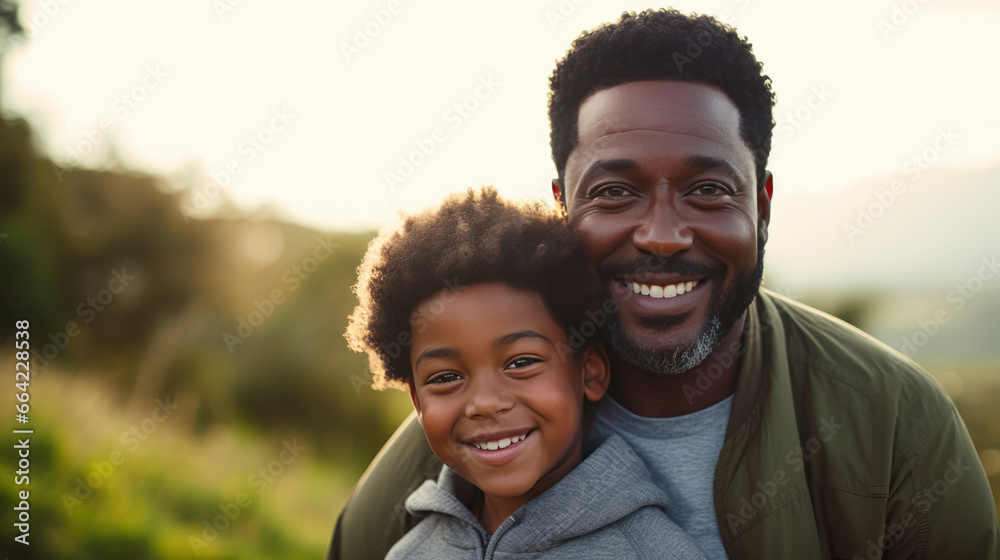 Father and son smiling and hugging in nature with quality time together outdoors. Family love and Father's Day concept. Father and son smiling and hugging in nature with quality time together outdoors. Family love and Father's Day concept.