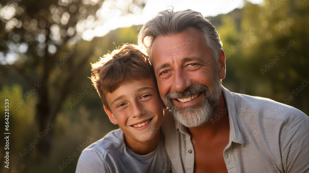 Fototapeta premium Father and son smiling and hugging in nature with quality time together outdoors. Family love and Father's Day concept.
