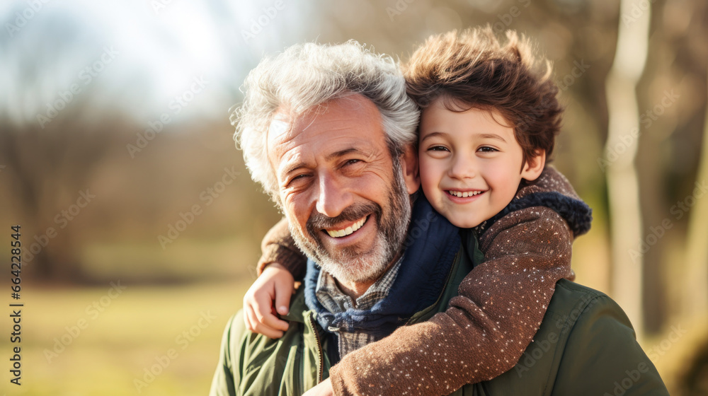 Father and son smiling and hugging in nature with quality time together outdoors. Family love and Father's Day concept. Father and son smiling and hugging in nature with quality time together outdoors. Family love and Father's Day concept.