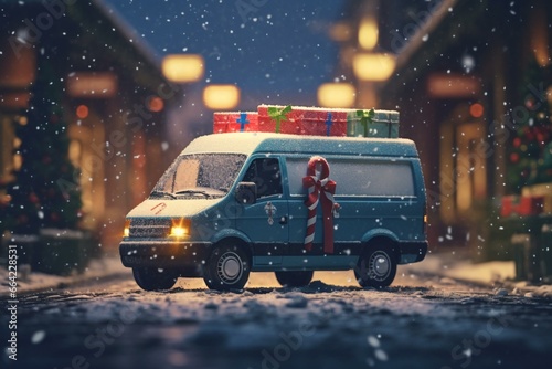 Festive van delivering packages during the holiday season. Generative AI © Kato