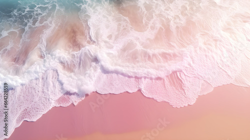 pink ocean waves. Beautiful sandy beach with pink sea background. advertisement, banner, card. for template, presentation. copy text space. © CassiOpeiaZz