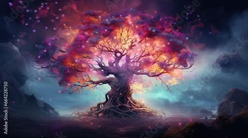  a painting of a tree with a purple and red tree on it. generative ai